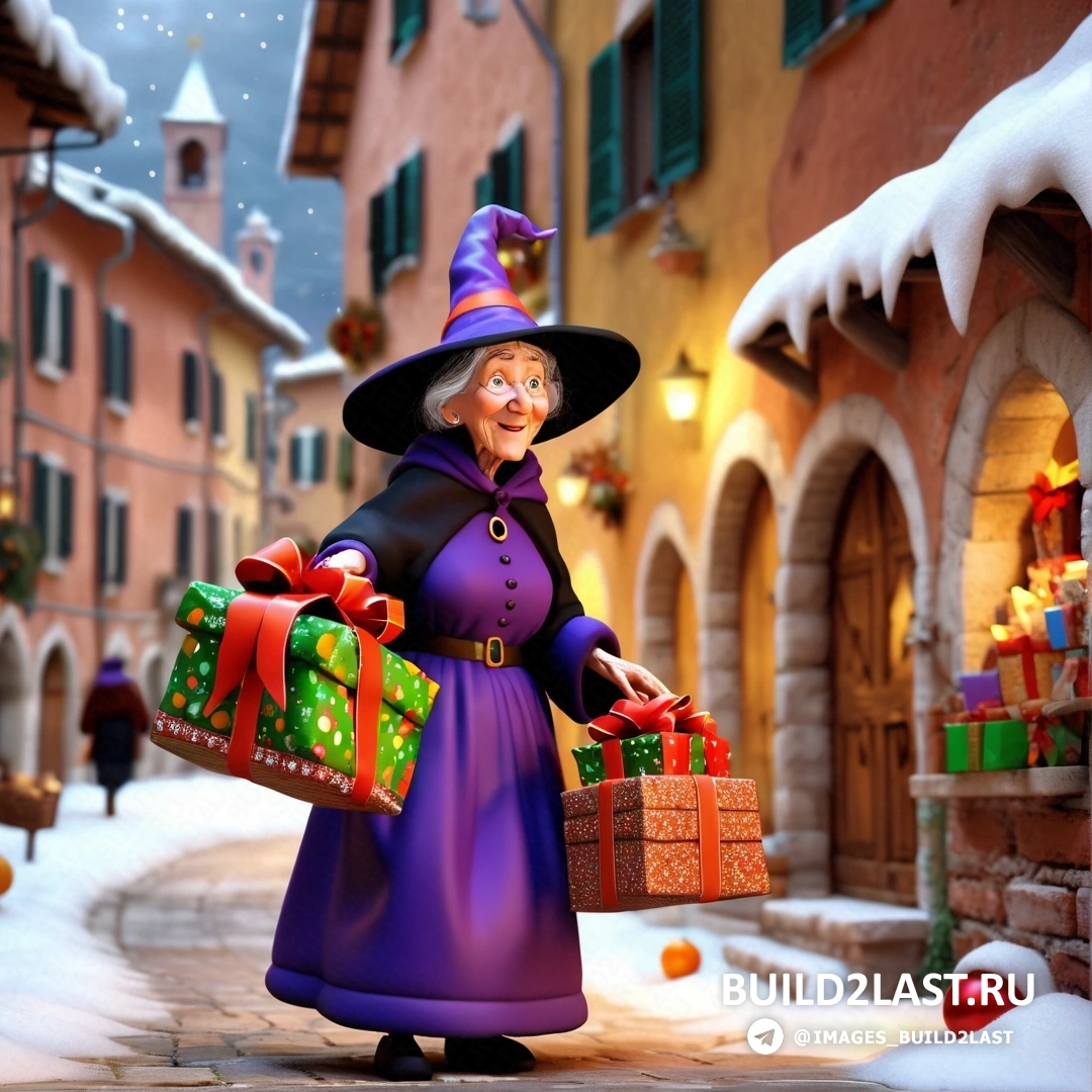 мультяшная ведьма с подарками на заснеженной городской улице со снегом на земле и зданиями