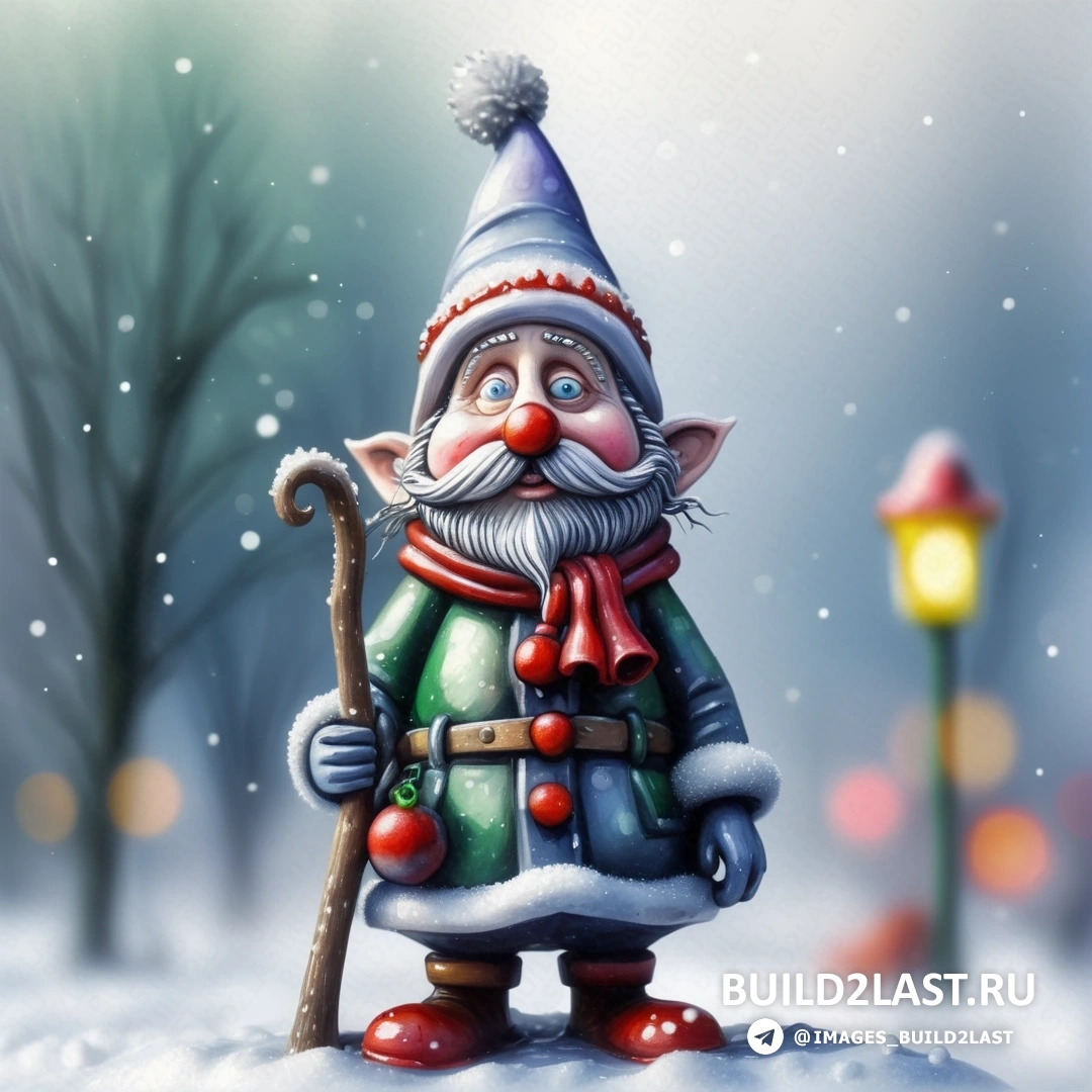 мультяшный Санта-Клаус с тростью и шляпой на снегу с фонарем