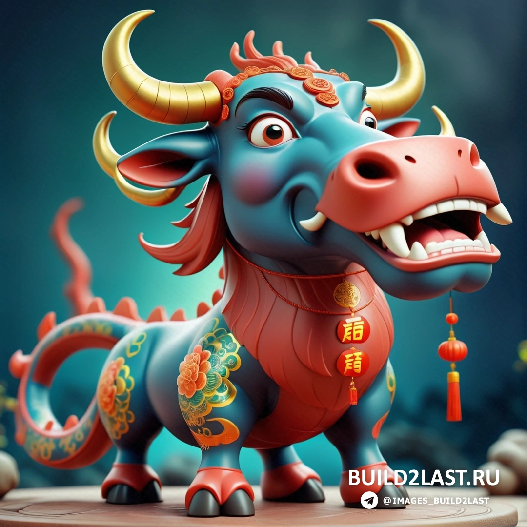 мультяшный бык с китайским иероглифом на лице и драконом на спине, с китайским символом на груди