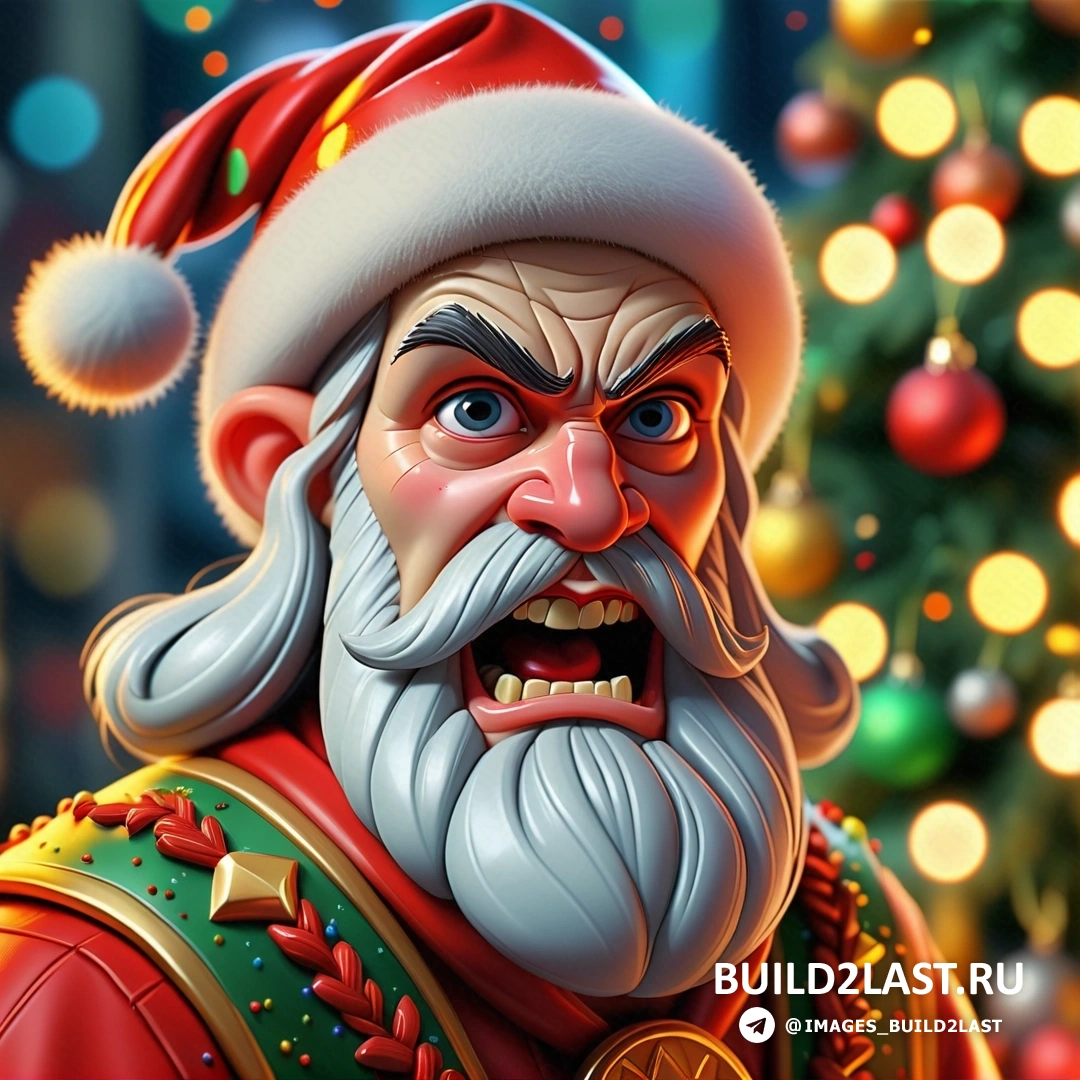мультяшный персонаж в шапке Санта-Клауса и бороде и рождественская елка с огнями и украшениями