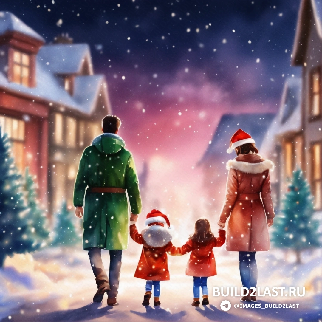 мужчина и женщина, гуляющие с ребенком по снегу перед домом в шапке