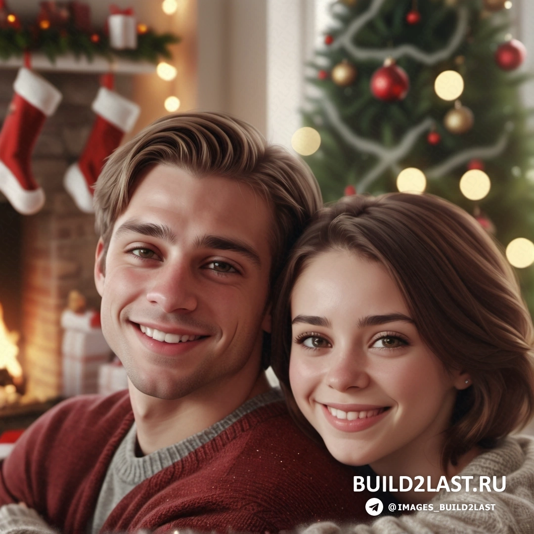 мужчина и женщина обнимаются перед рождественской елкой и камином с чулками