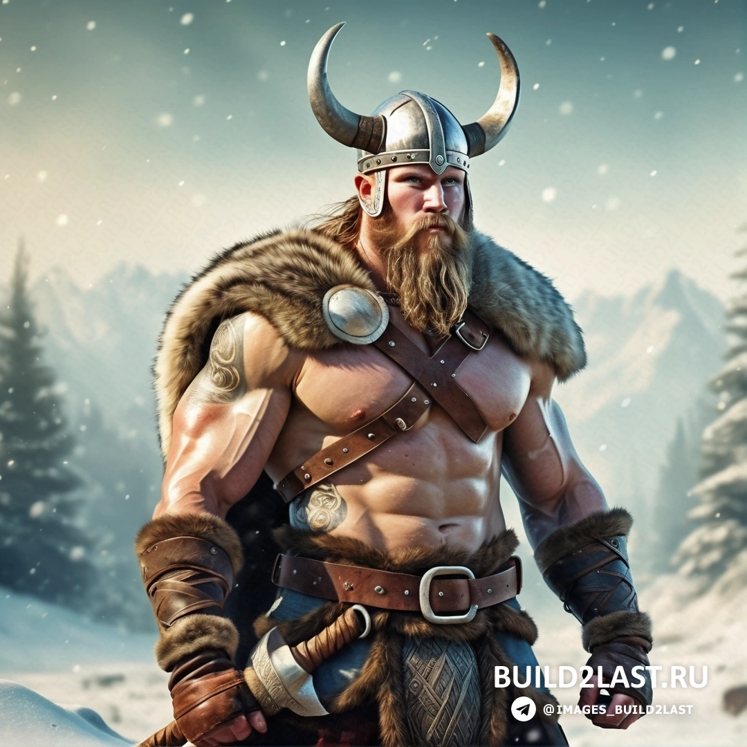 мужчина, одетый в костюм викинга, стоящий на снегу с бородой и рогатым головным убором