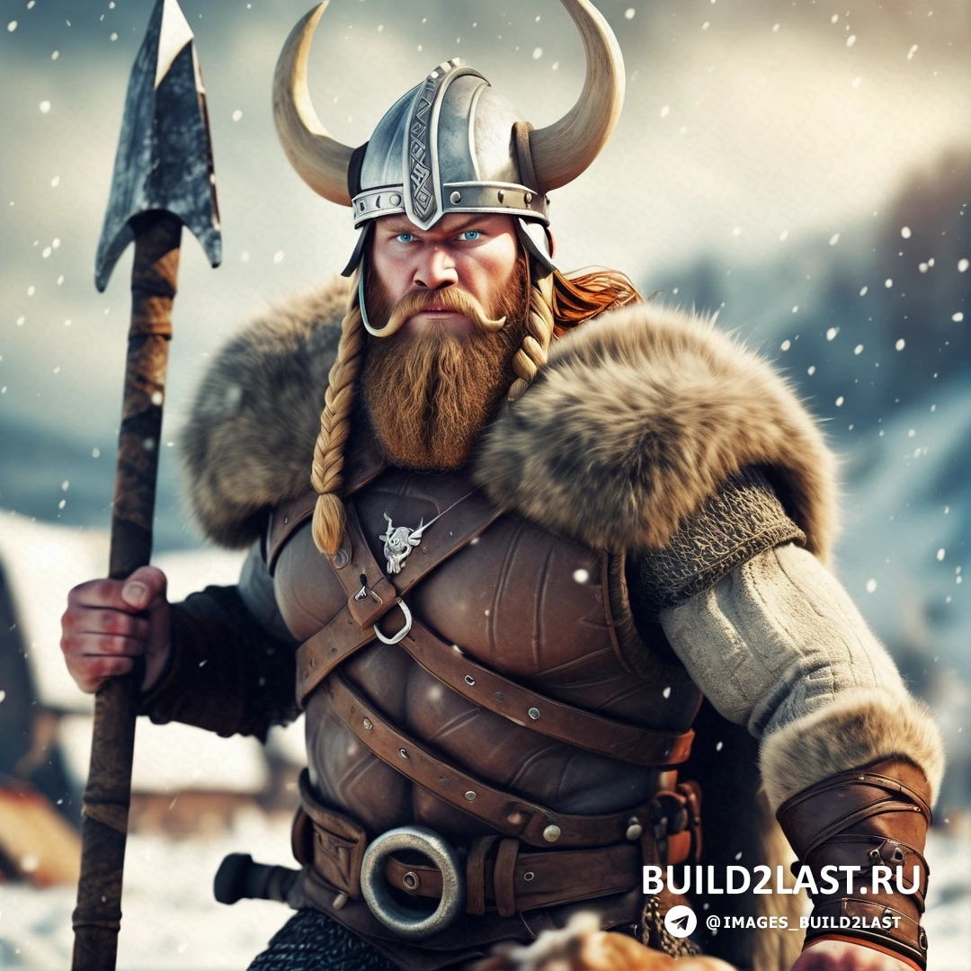 мужчина, одетый в костюм викинга, с копьем и большой рогатой головой с рогами и бородой