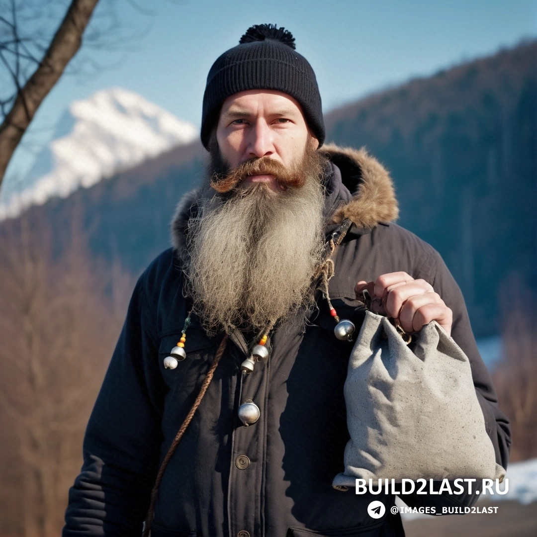 мужчина с бородой, держащий сумку в руке и гору