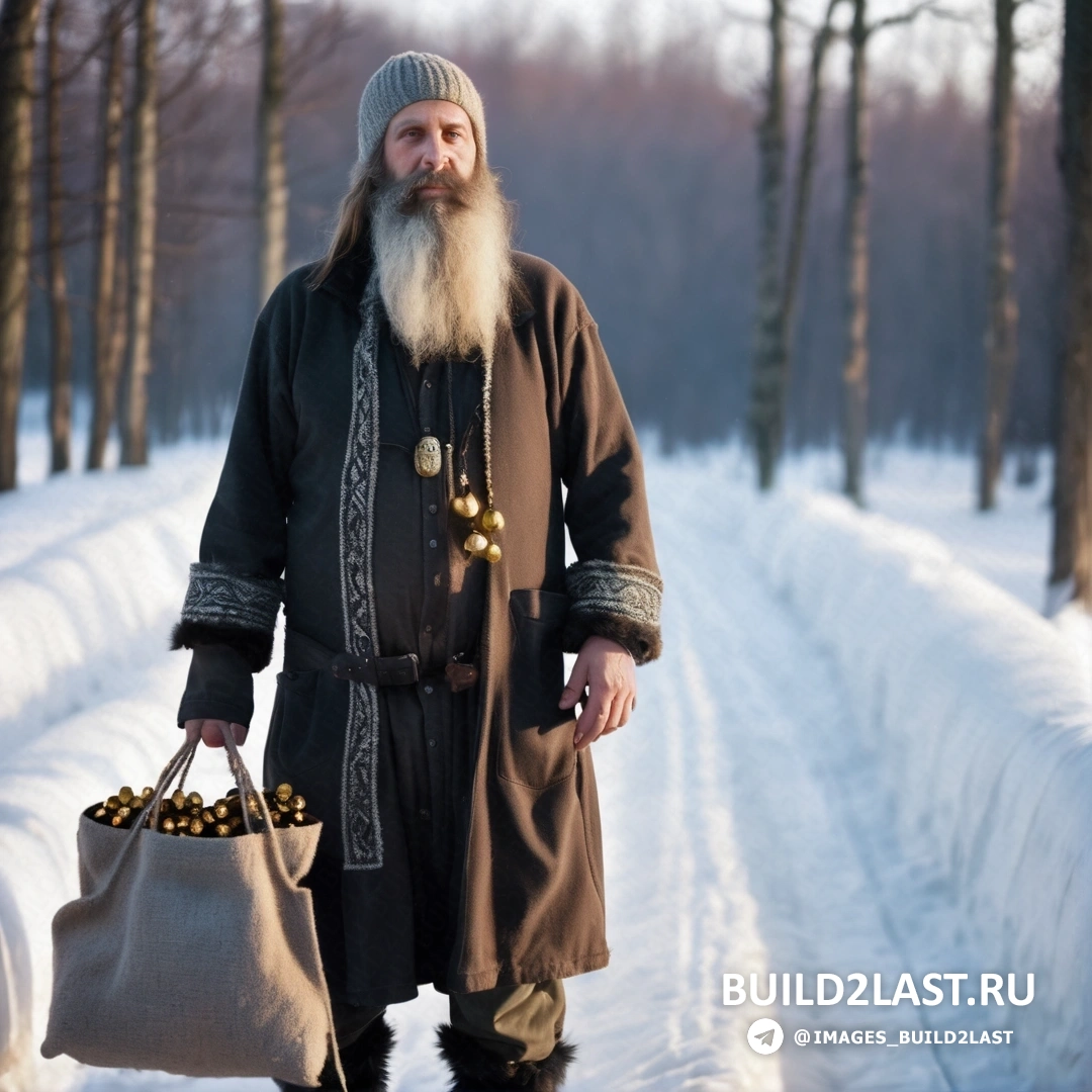 мужчина с длинной бородой держит мешок на снегу в лесу