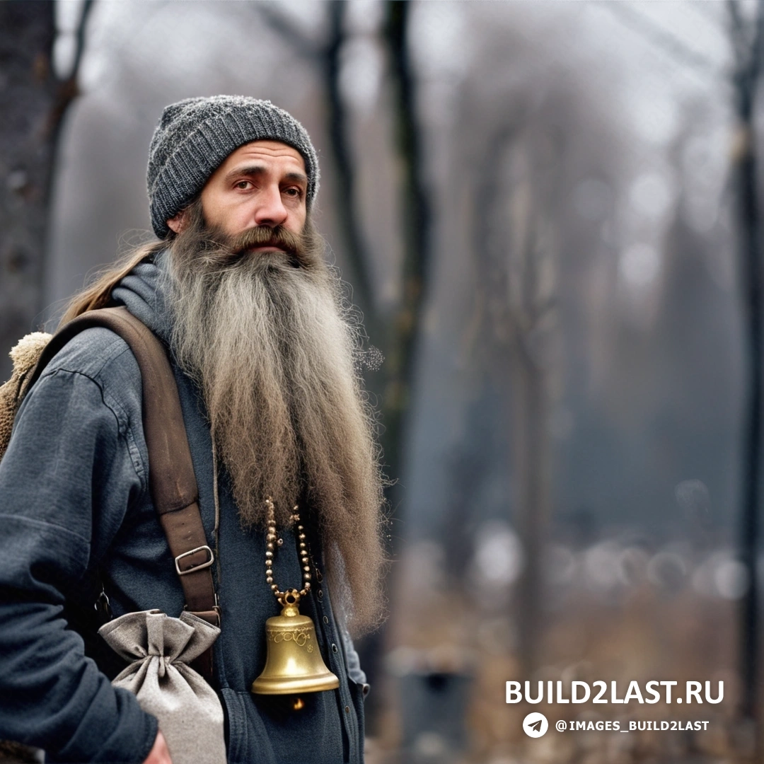 мужчина с длинной бородой, в рюкзаке и колокольчиком в руке стоит в лесу