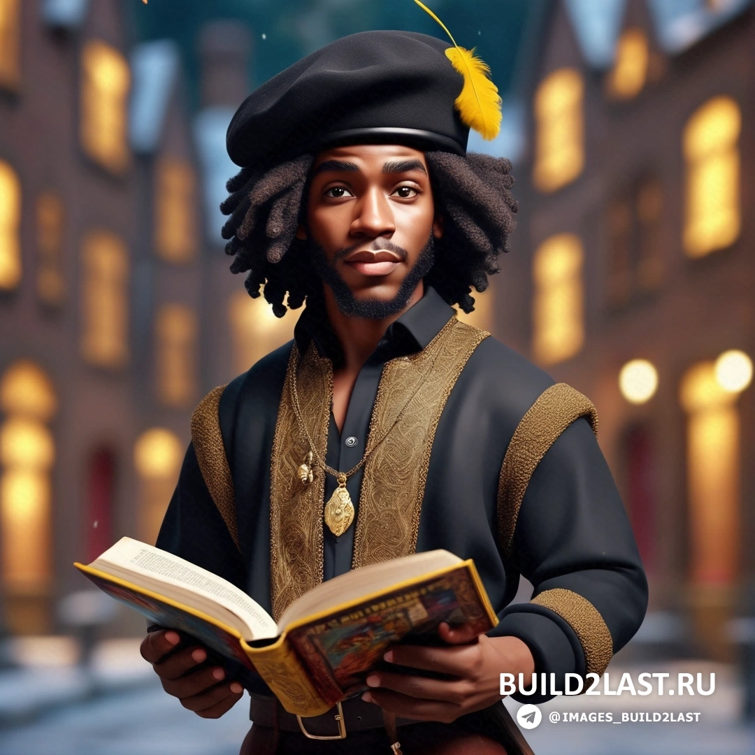 мужчина в черной шляпе и с книгой в руках и уличный фонарь со зданием