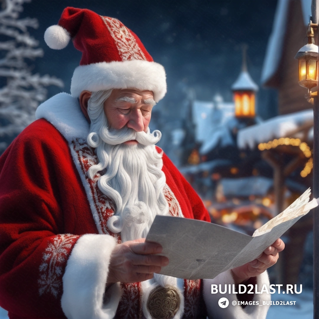 мужчина в костюме Санта-Клауса читает газету перед елкой и зажженным фонарем