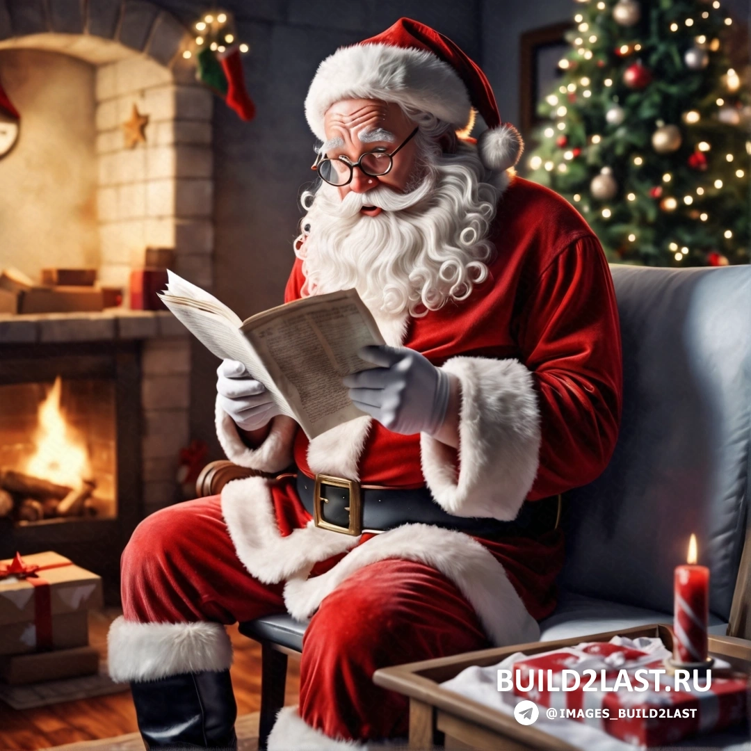 мужчина в костюме Санта-Клауса читает книгу перед камином на фоне рождественской елки
