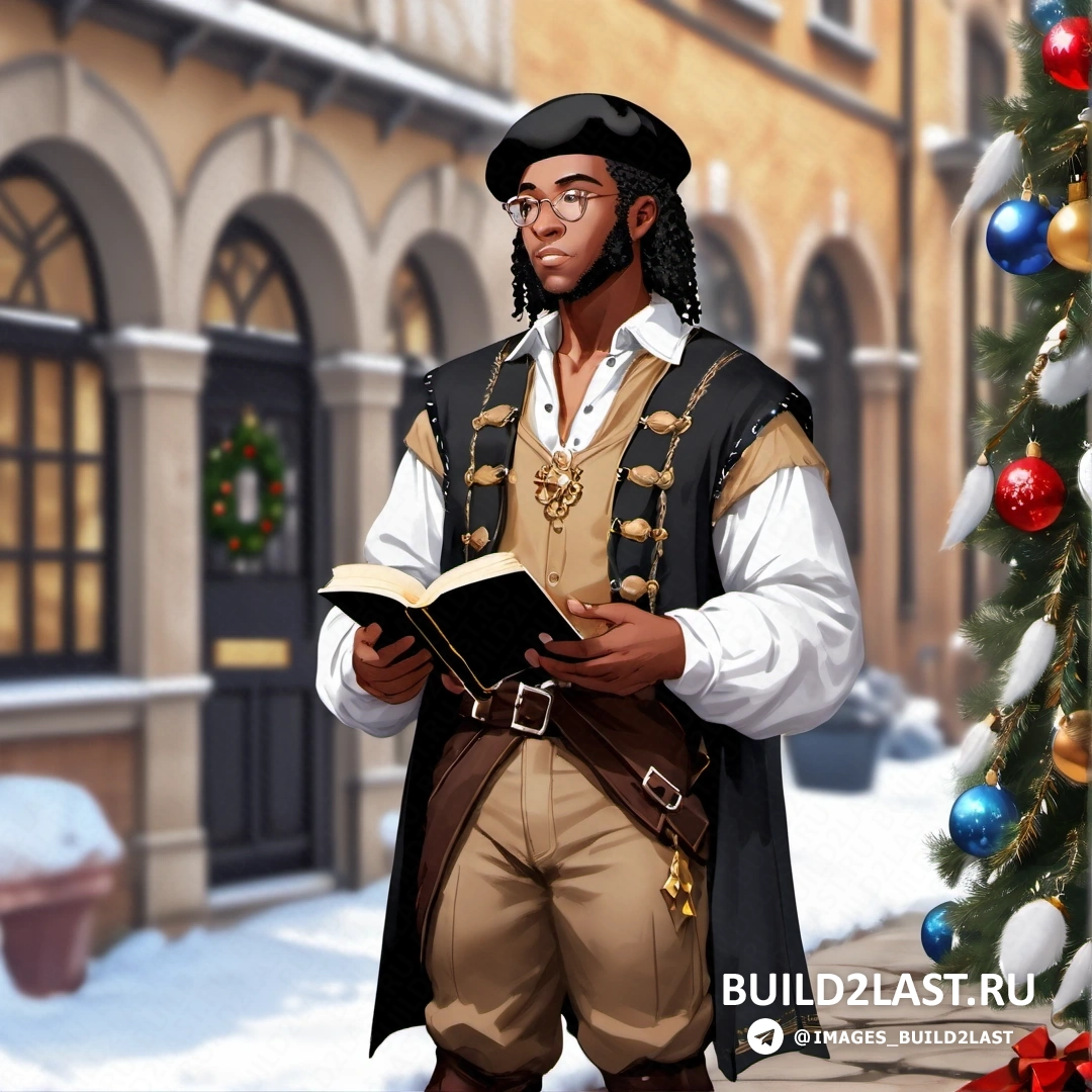 мужчина в костюме пирата читает книгу перед рождественской елкой и зданием с венком