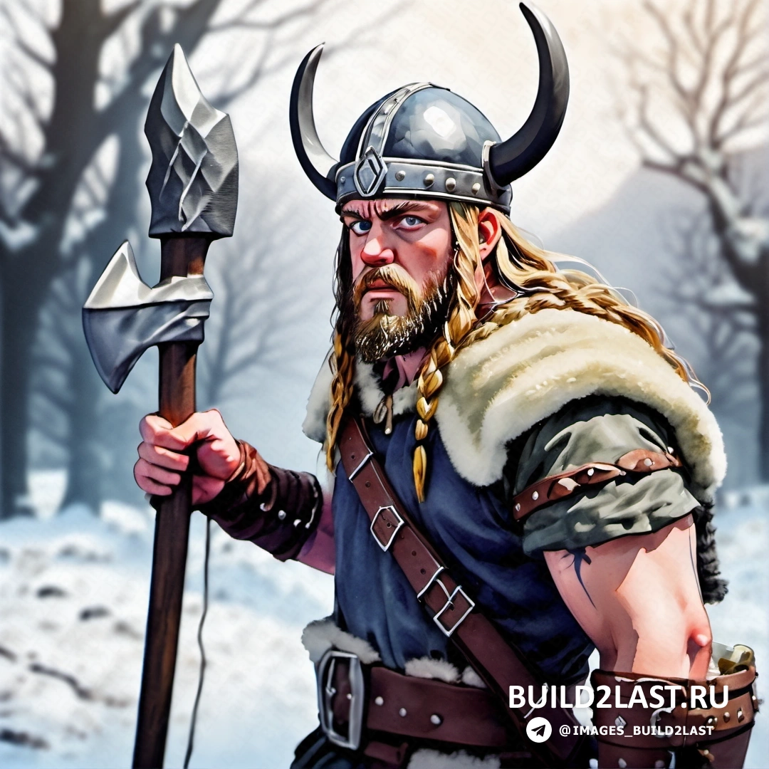 мужчина в костюме викинга с большим топором, шлемом на голове и бородой с рогами