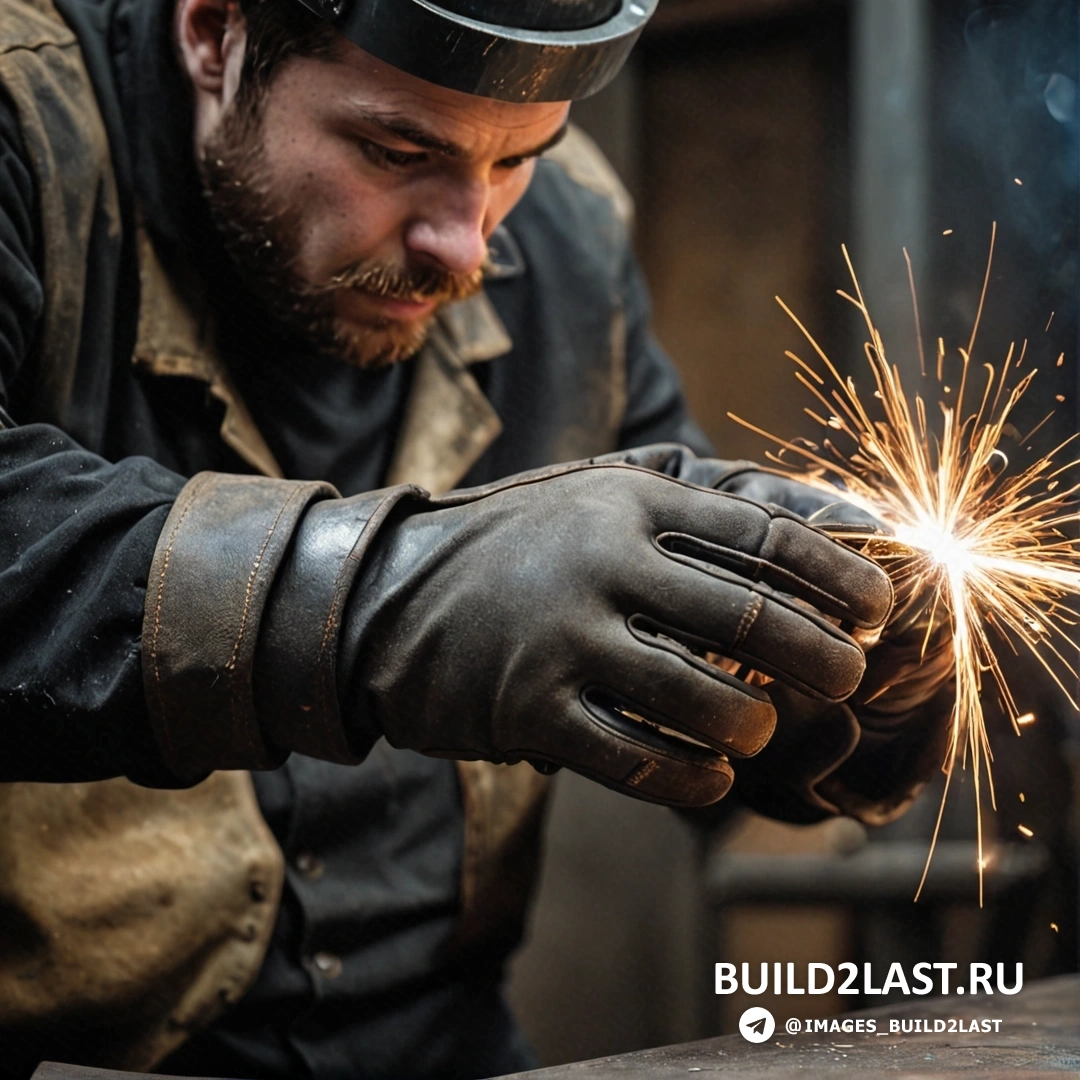 Arbeitsrat für kunst - стоковая фотография. Мужчина в сварочном шлеме и перчатках работает над куском металла с шлифовальной машиной в руке