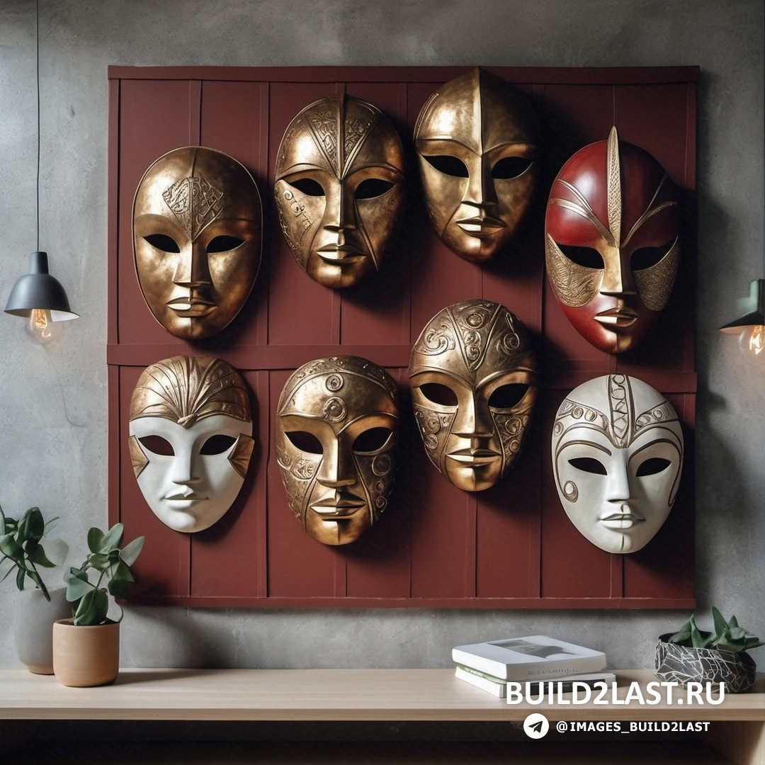 Неоклассицизм - 3D рендер. Настенный кронштейн с кучей масок на боковой стене рядом со столом с книгой.