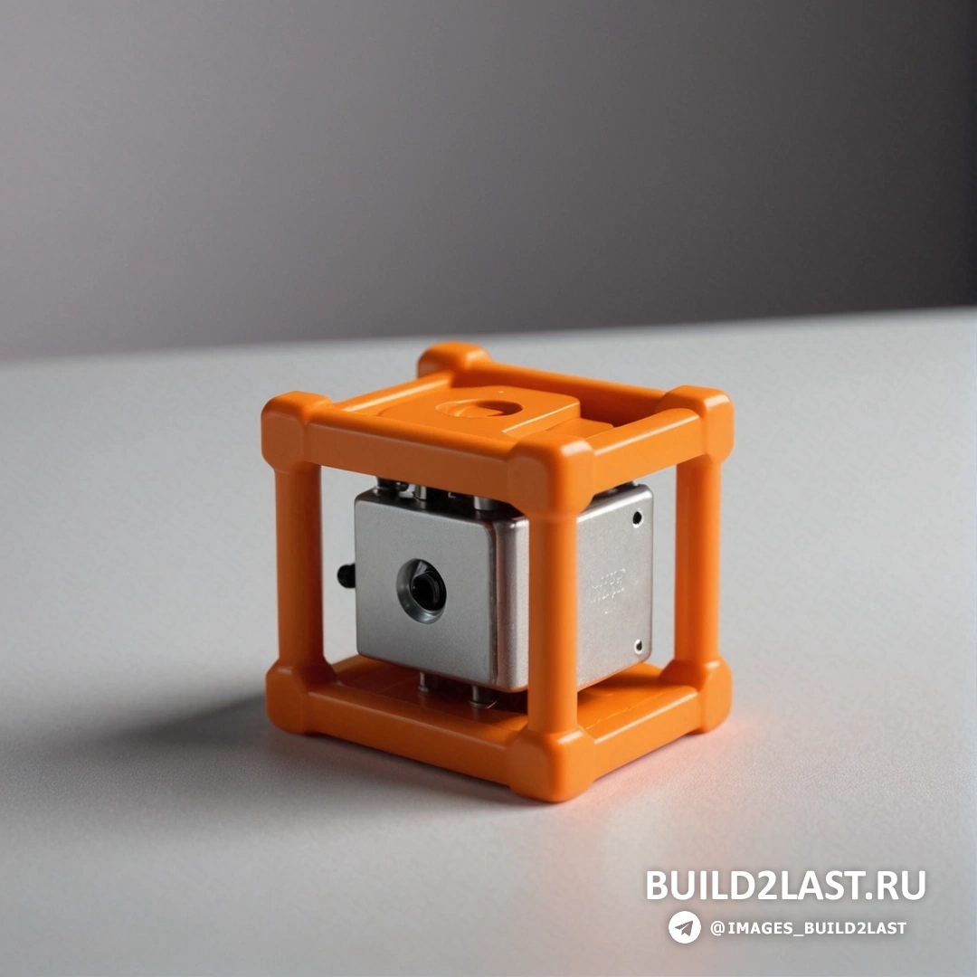 Модульный конструктивизм - 3D-рендеринг. Небольшой оранжевый предмет на столе рядом с подоконником и стеной за ним