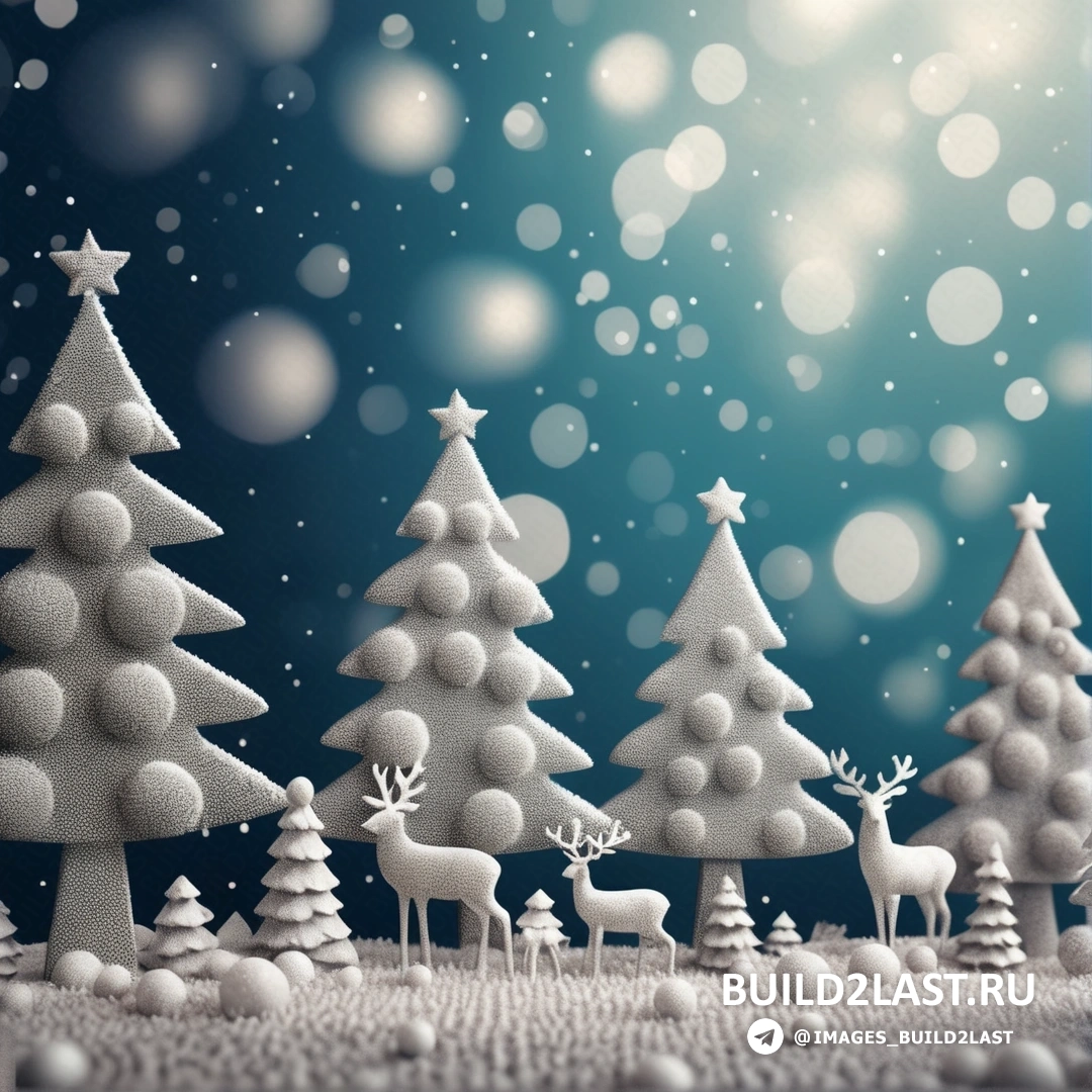 несколько белых рождественских елок с падающим снегом и голубым небом со звездами и снежинками
