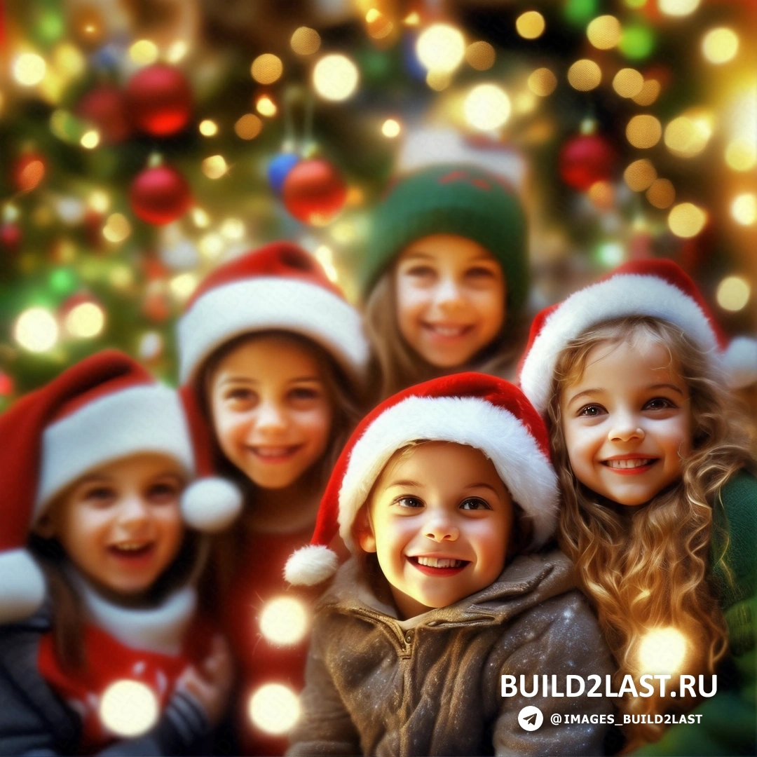 несколько детей в рождественских шапках и улыбающихся на фото с рождественской елкой и огнями