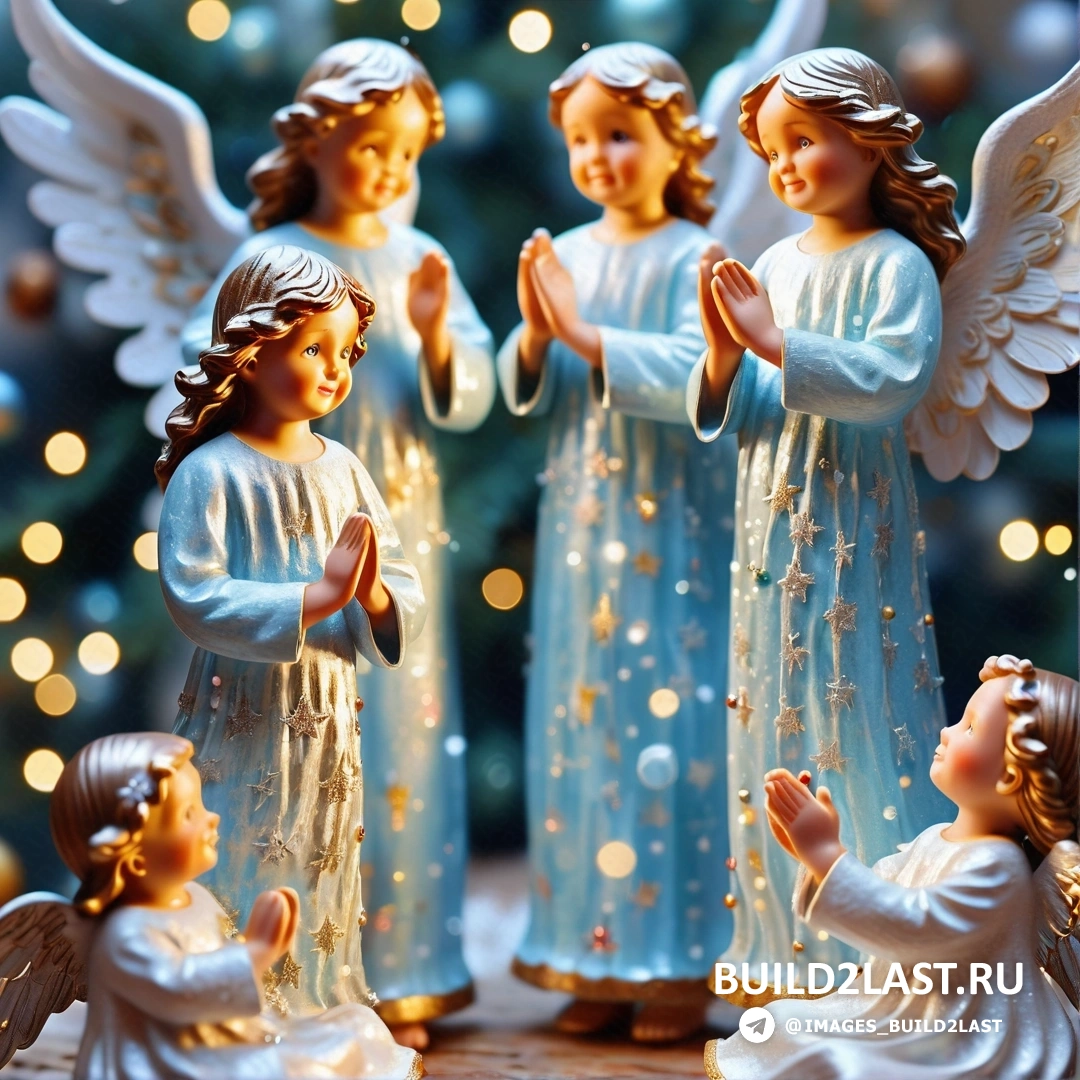 несколько фигурок ангелов, стоящих рядом с рождественской елкой с огнями 