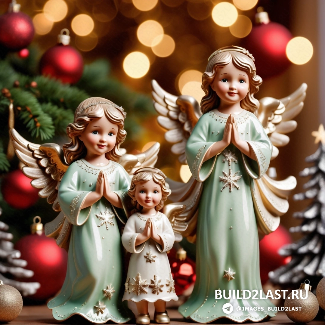 несколько фигурок ангелов, стоящих рядом с рождественской елкой с огнями