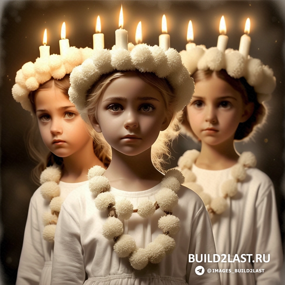 несколько из трех кукол со свечами на головах и волосами в форме овечек на голове