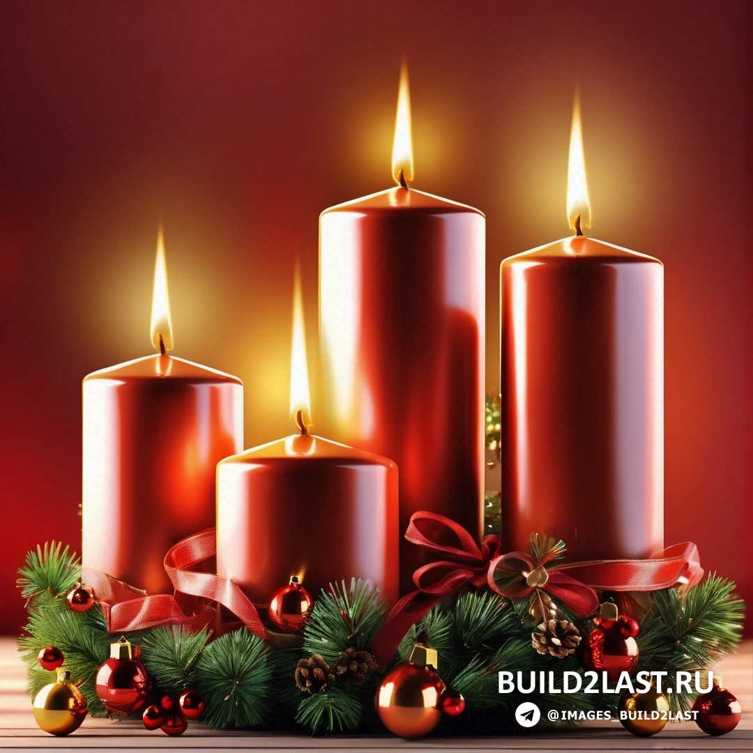 несколько из трех свечей с рождественскими украшениями на столе с красным фоном и красной лентой