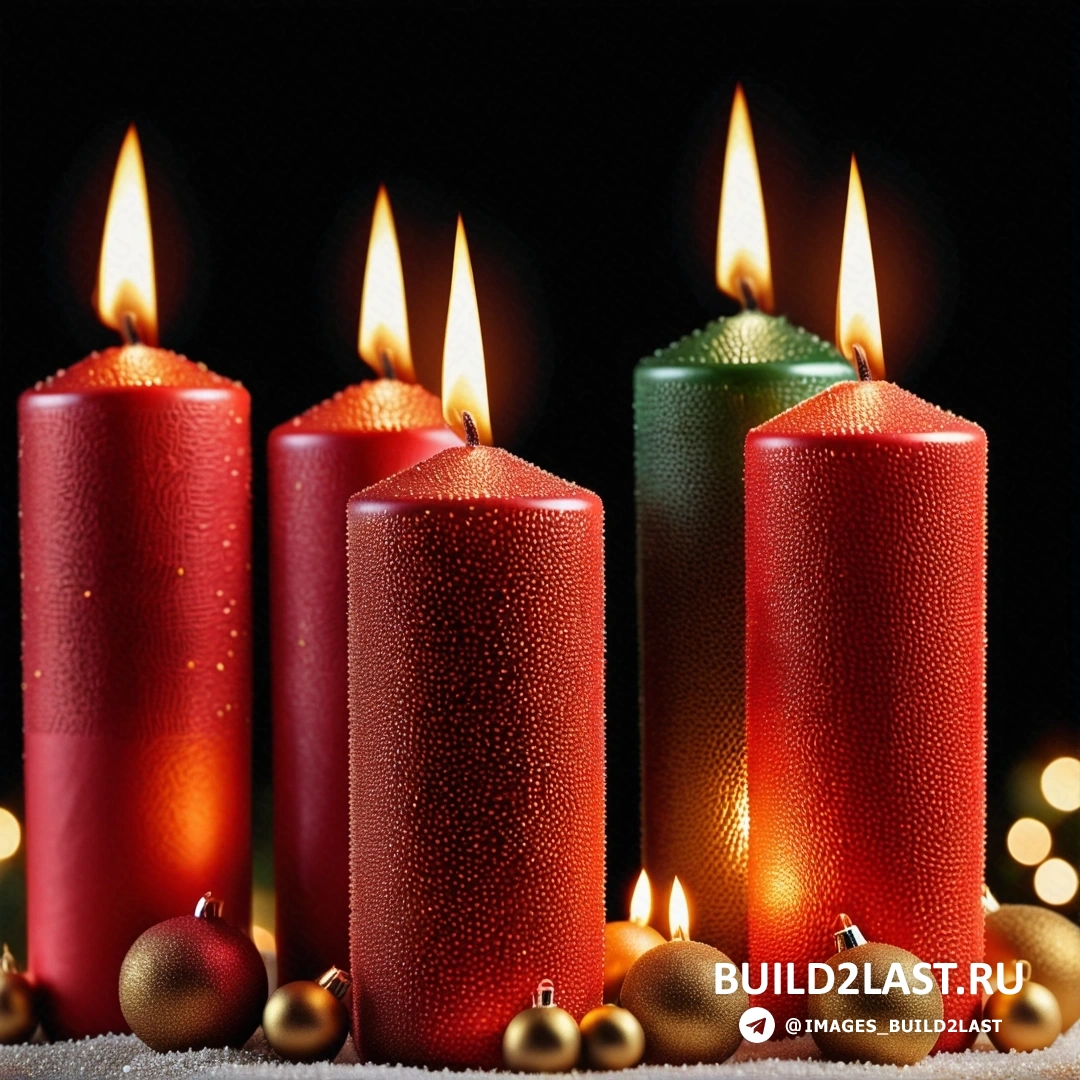 несколько из трех свечей, стоящих рядом друг с другом на столе с рождественскими украшениями и черным фоном