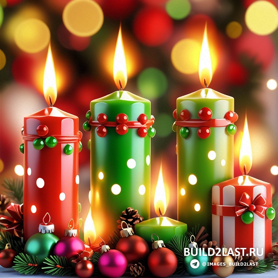 несколько из трех свечей, стоящих рядом друг с другом на столе с рождественскими украшениями и рождественской елкой