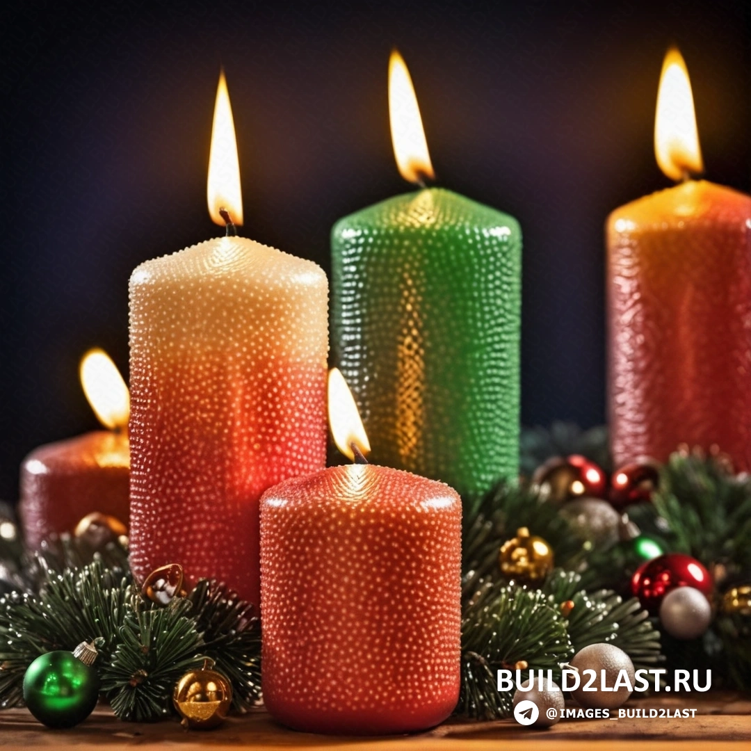 несколько свечей, стоящих рядом друг с другом на столе с рождественскими украшениями на темном фоне