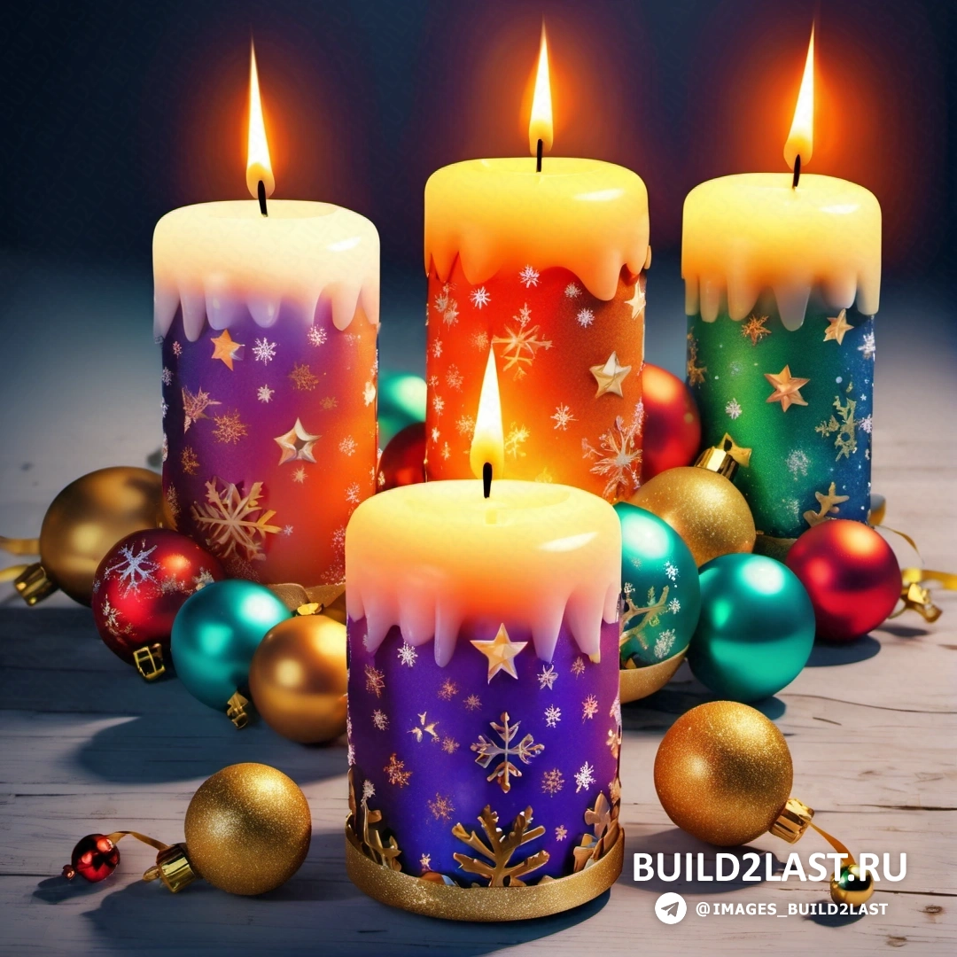 несколько из трех свечей, рядом с рождественскими украшениями и безделушками на столе с синим фоном