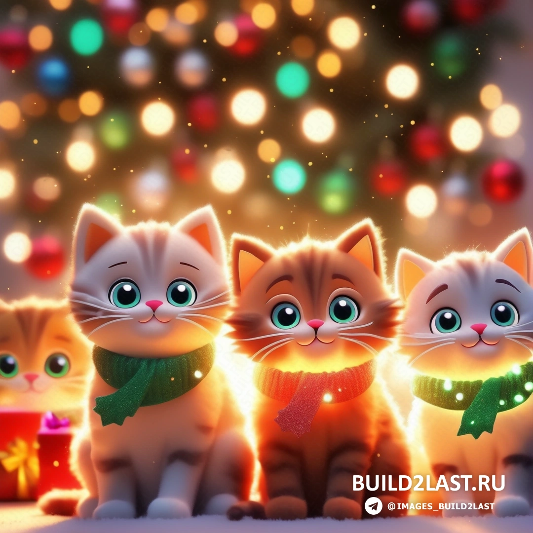 несколько кошек, сидящих рядом друг с другом перед рождественской елкой с огнями и подарочной коробкой