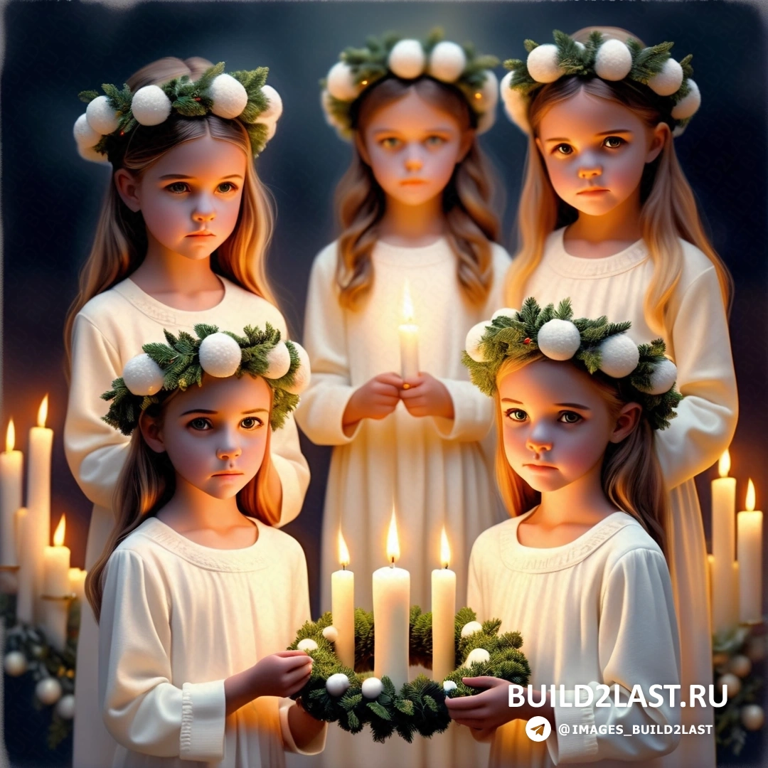 несколько маленьких девочек, держащих перед собой зажженную свечу, венки и свечи