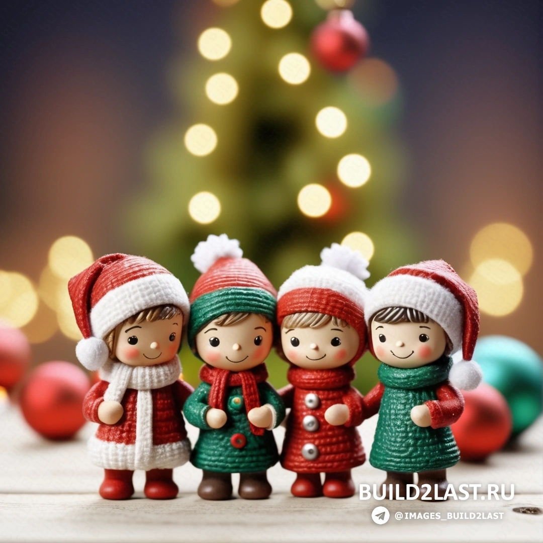 несколько маленьких фигурок, стоящих рядом с рождественской елкой с огнями