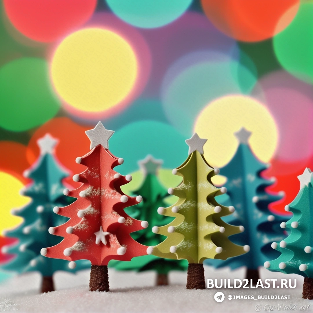 несколько маленьких рождественских елок, на вершине заснеженной земли, на красочном фоне огней