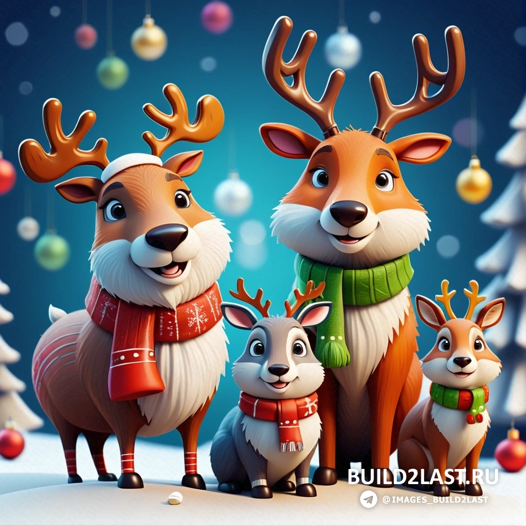несколько оленей, стоящих рядом друг с другом перед рождественской елкой с елочными игрушками