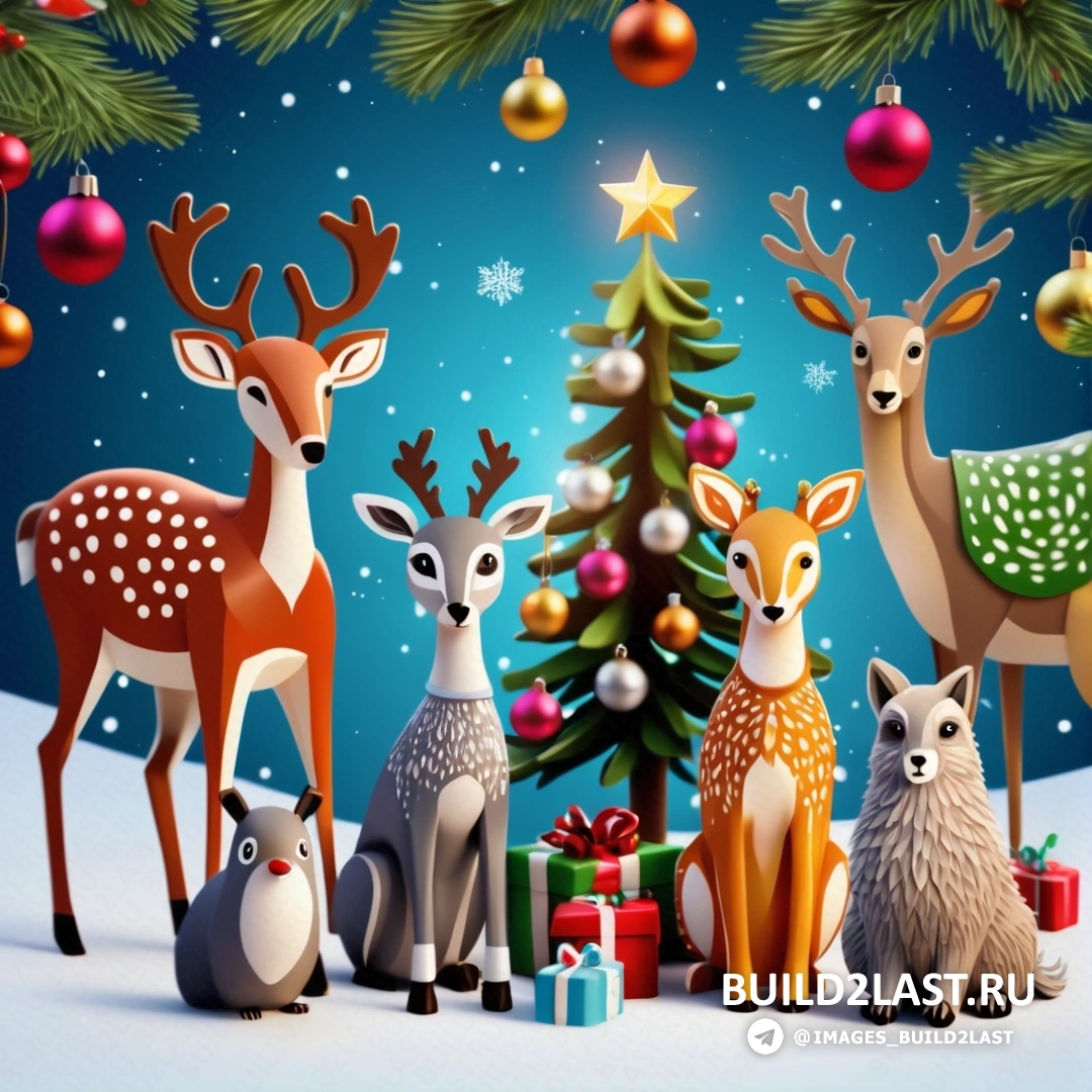 несколько оленей вокруг рождественской елки с подарками и звездой на вершине