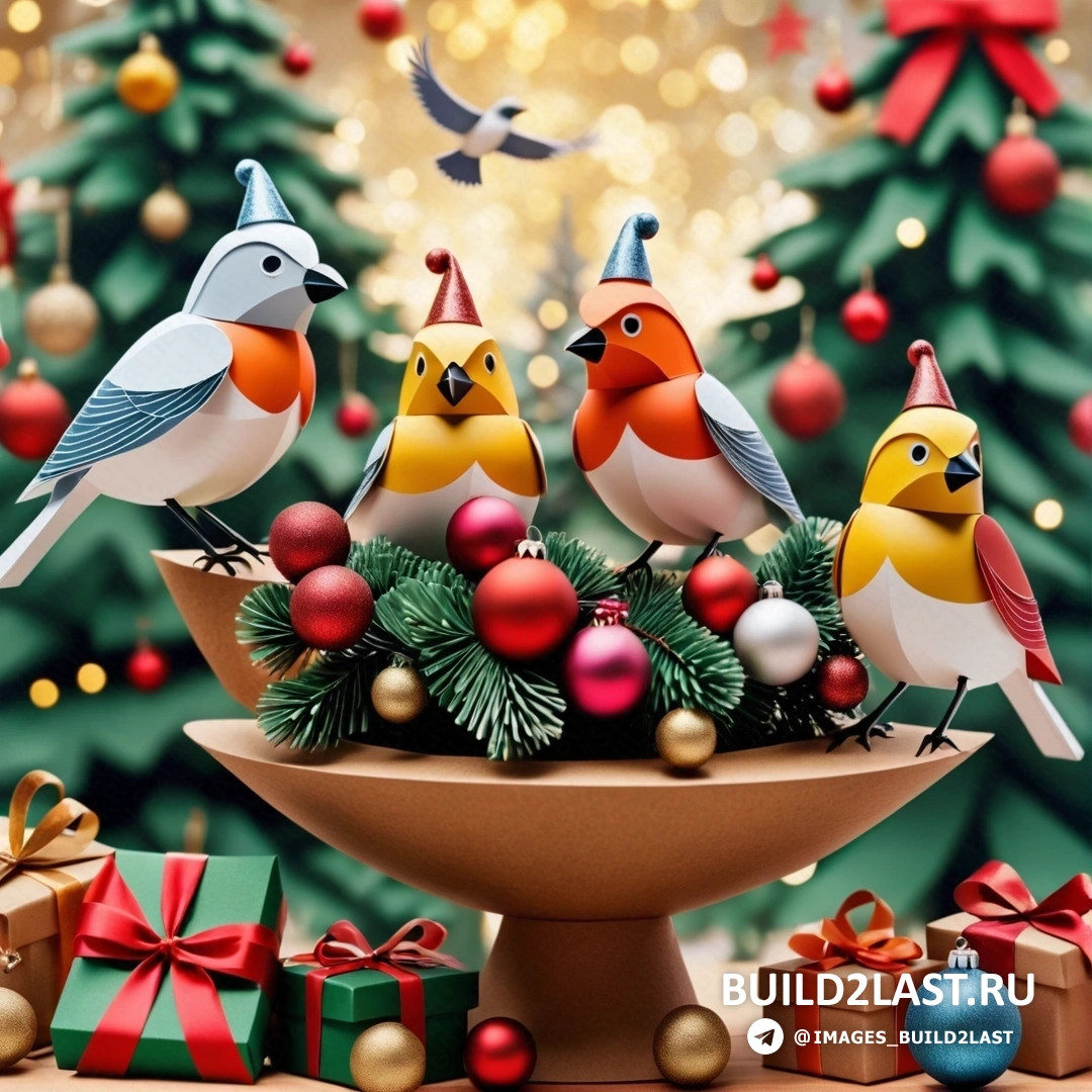 несколько птиц на чаше с рождественскими украшениями рядом с рождественской елкой и подарками