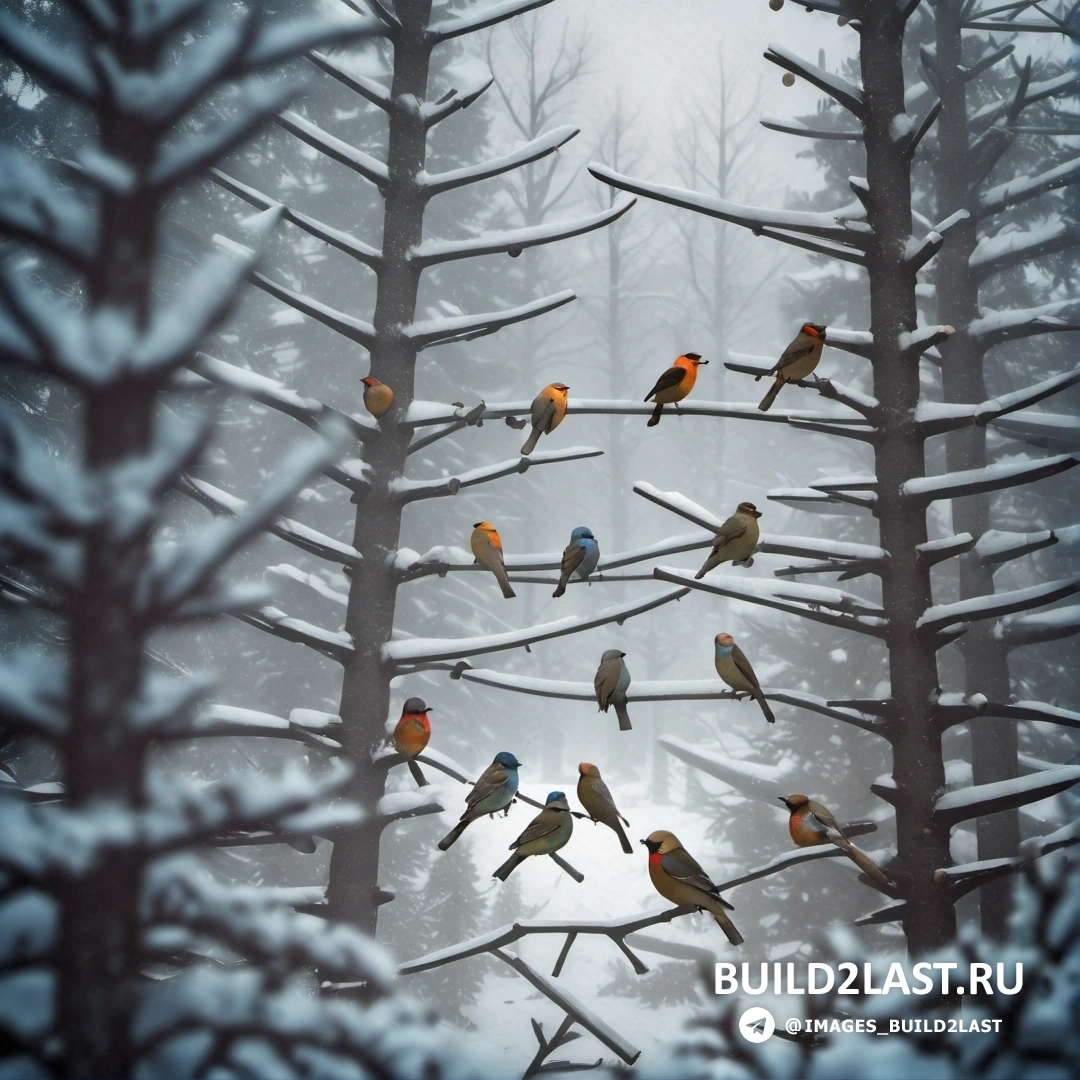 несколько птиц, на ветке дерева в снегу, лес со снегом на ветвях