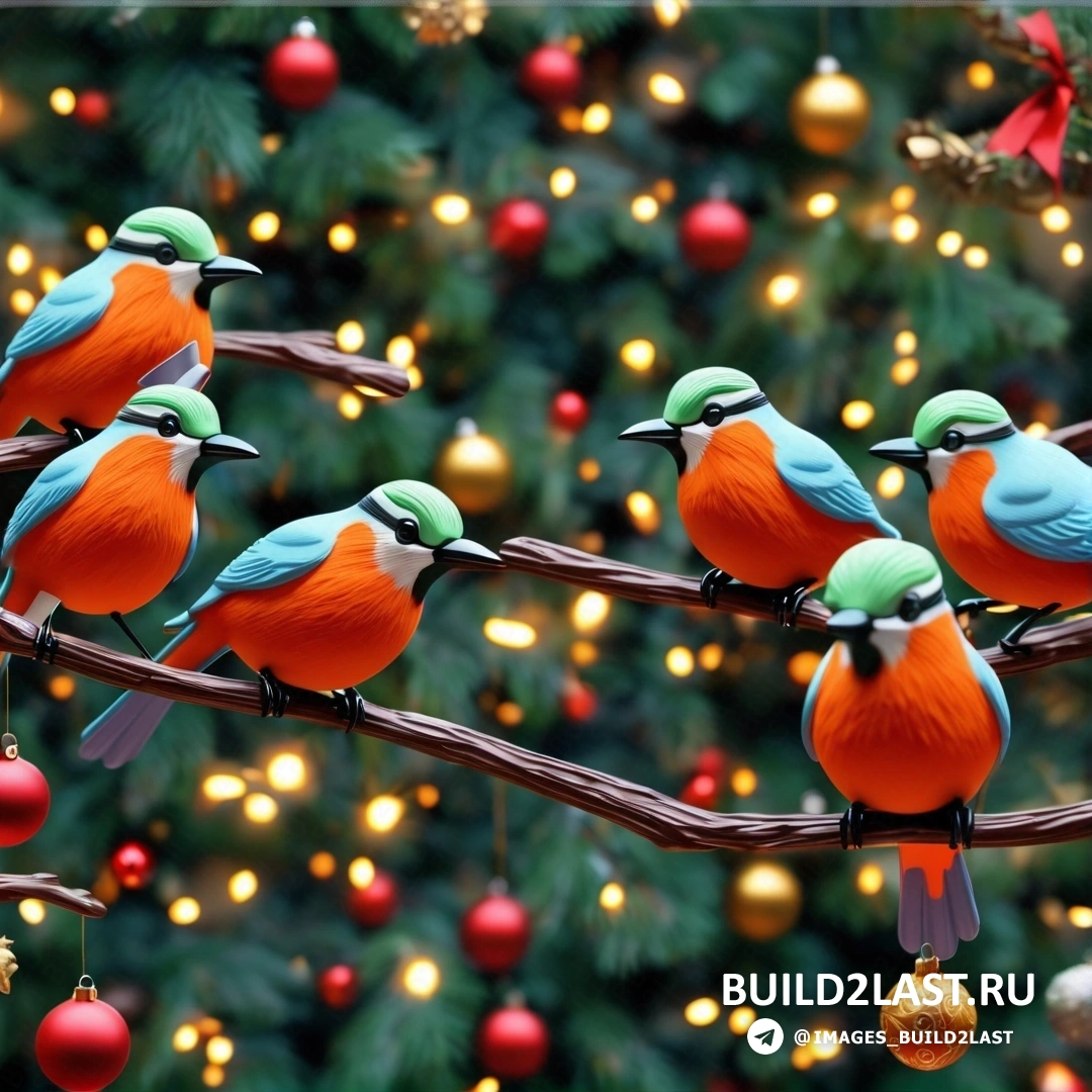 несколько птиц, на ветке с рождественскими украшениями на фоне рождественской елки с огнями