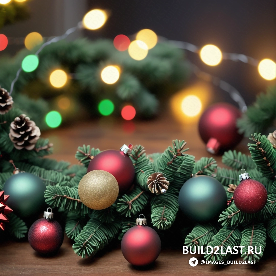 несколько рождественских украшений на столе с огнями и гирляндой из сосновых шишек