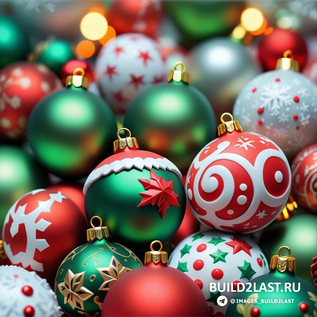 несколько рождественских украшений с красным и зеленым сверху и белым снизу