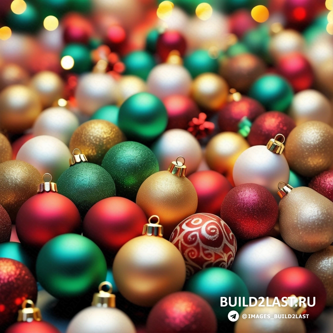 несколько рождественских украшений с размытым фоном по цвету и размеру, включая красный, зеленый и золотой