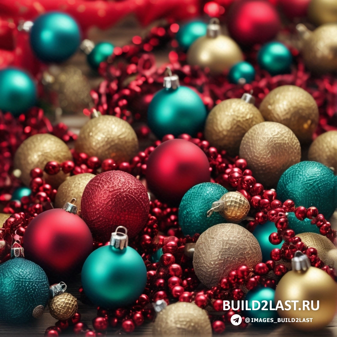 несколько рождественских украшений на столе с красными и зелеными орнаментами и красной лентой