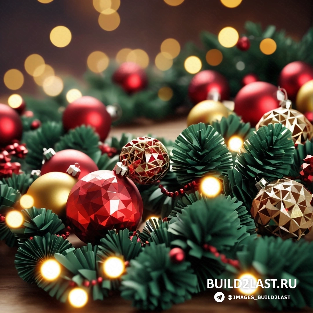 несколько рождественских украшений на столе с огнями и гирляндой из зеленых и красных шаров