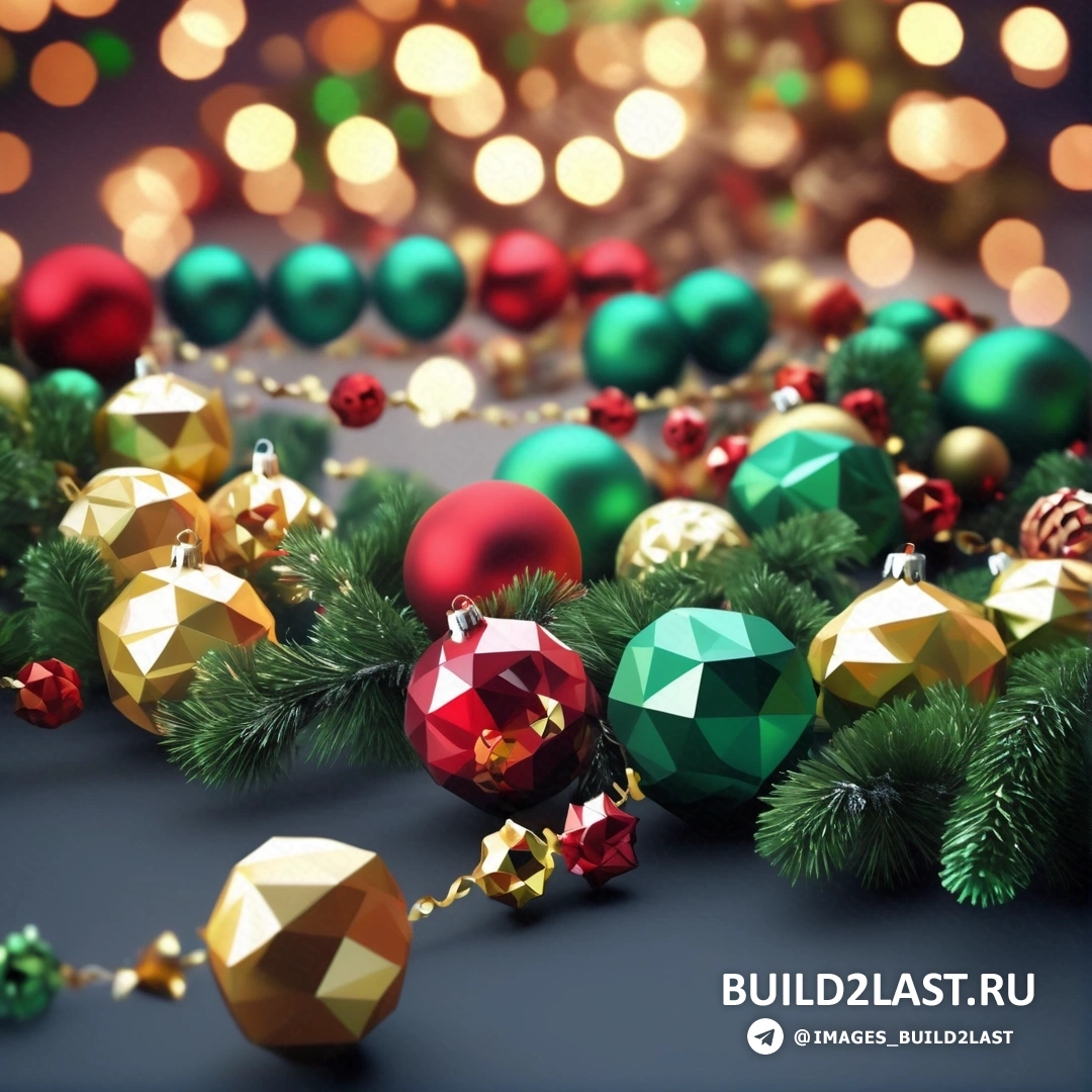 несколько рождественских украшений на столе с огнями и гирляндой из зеленых и красных шаров