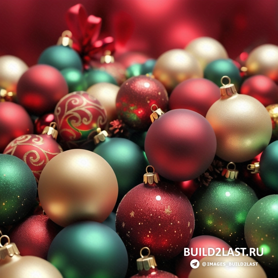 несколько рождественских украшений с красными и зелеными орнаментами и красным бантом поверх них