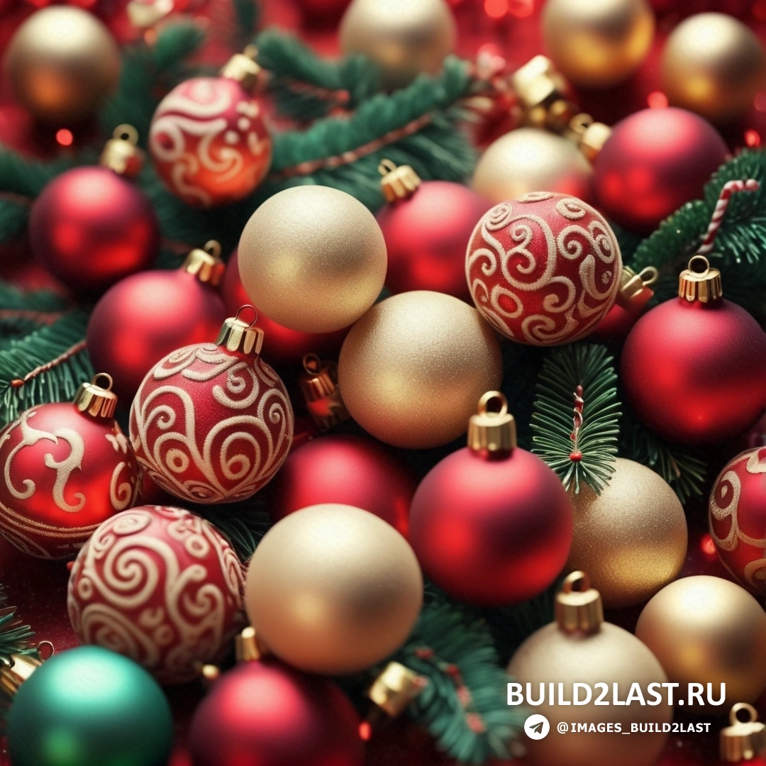 несколько рождественских украшений на столе рядом с веткой дерева с зелеными и красными орнаментами