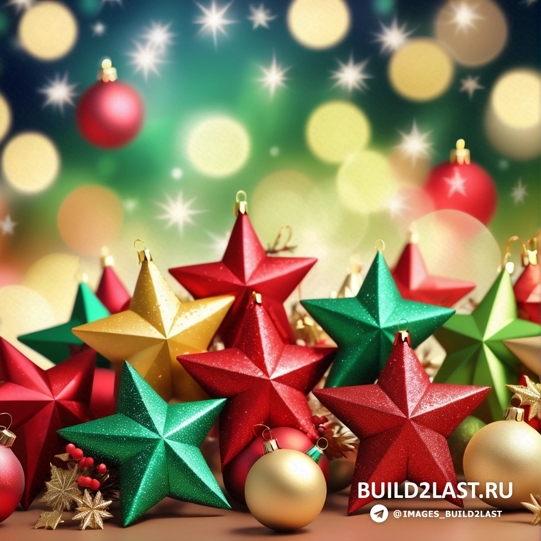 несколько рождественских украшений со звездами и безделушками на столе с размытым фоном огней
