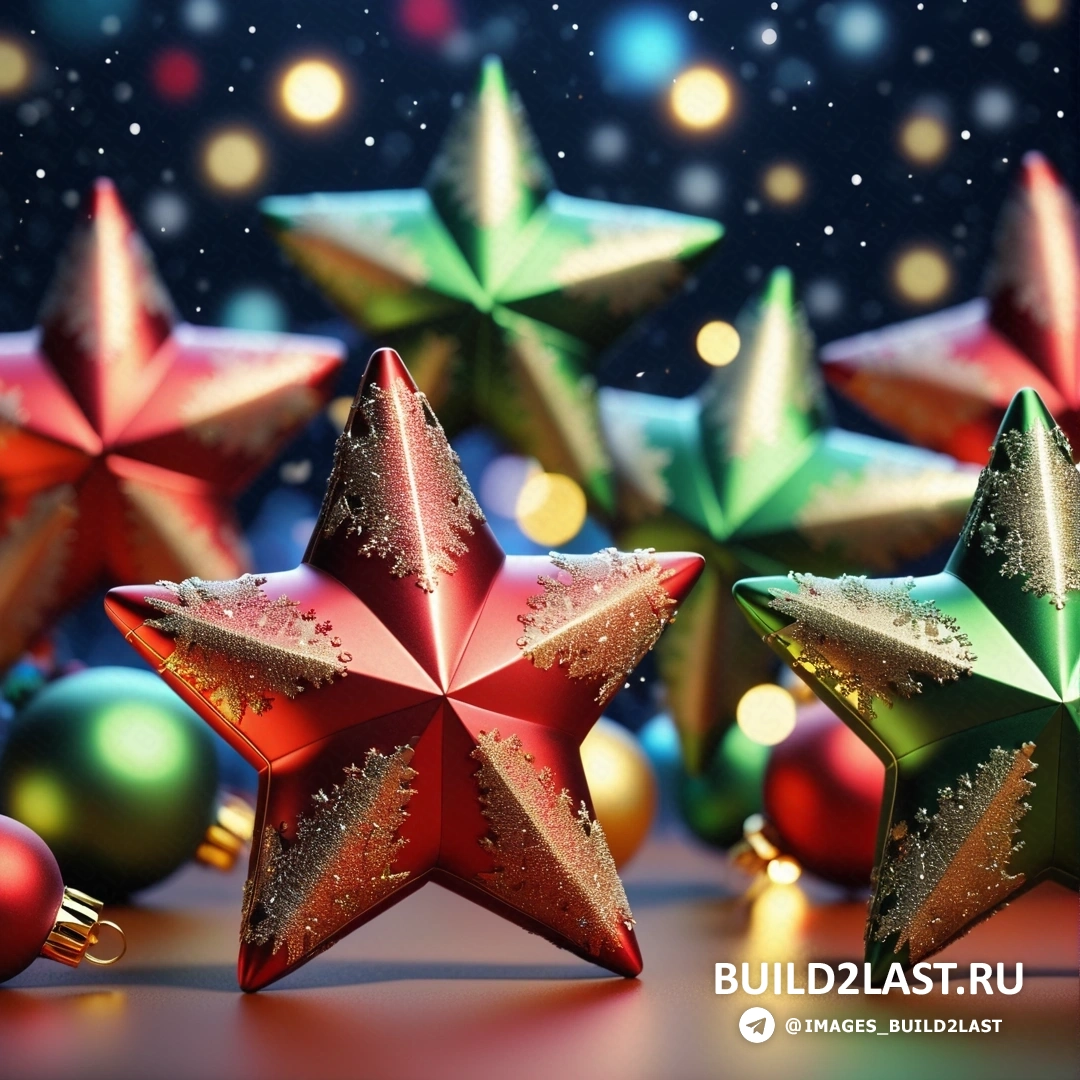 несколько рождественских звезд, рядом друг с другом на столе с украшениями и звездой на вершине звезды
