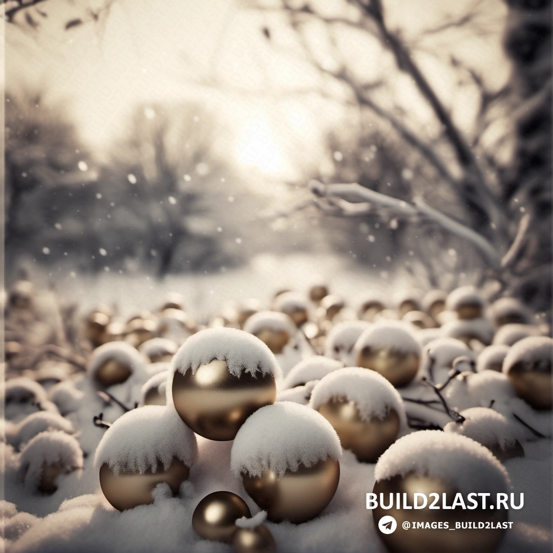 несколько шаров, лежащих в снегу, вместе в поле, покрытом снегом, шары на фоне деревьев