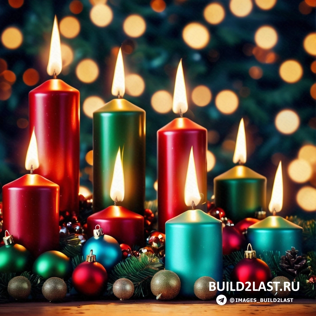 несколько свечей, на столе рядом с рождественскими украшениями и рождественской елкой